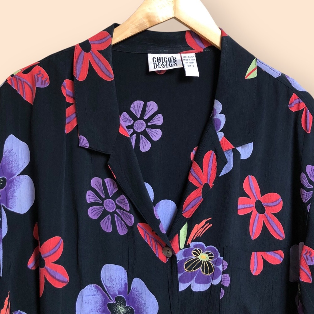 Vintage 90s Y2K Chico’s Design Retro Flower Patterned Casual Shirt Women 3 (XL) - Picture 3 of 8